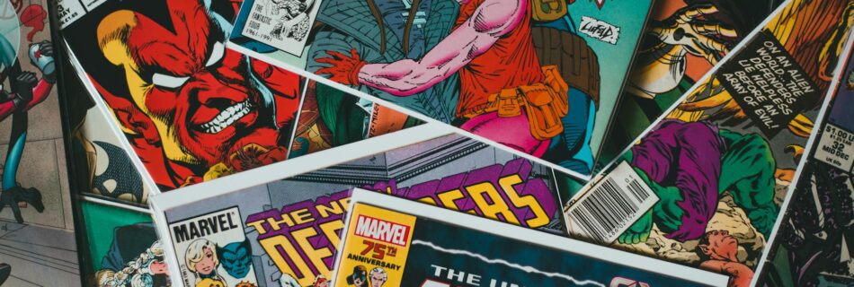 collection of comic books with vivid colorful illustrations on cover